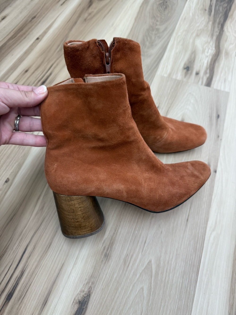 Huma Blanco Suede Ankle Booties in Rust Brown with wooden chunky heel